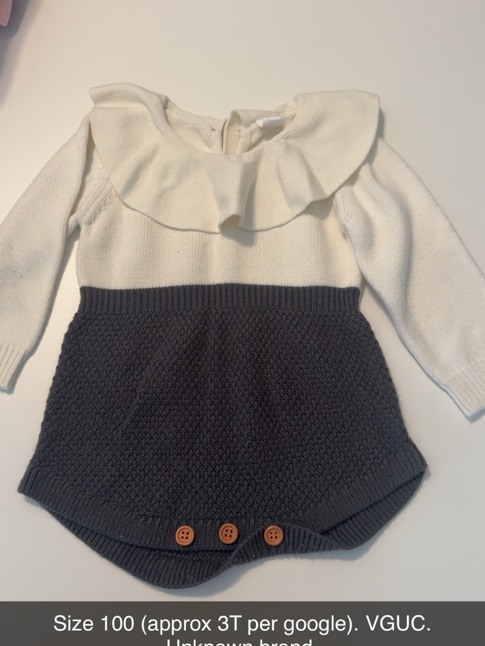 Cream and Gray Knit Baby Romper with Ruffle Collar. SO SOFT!